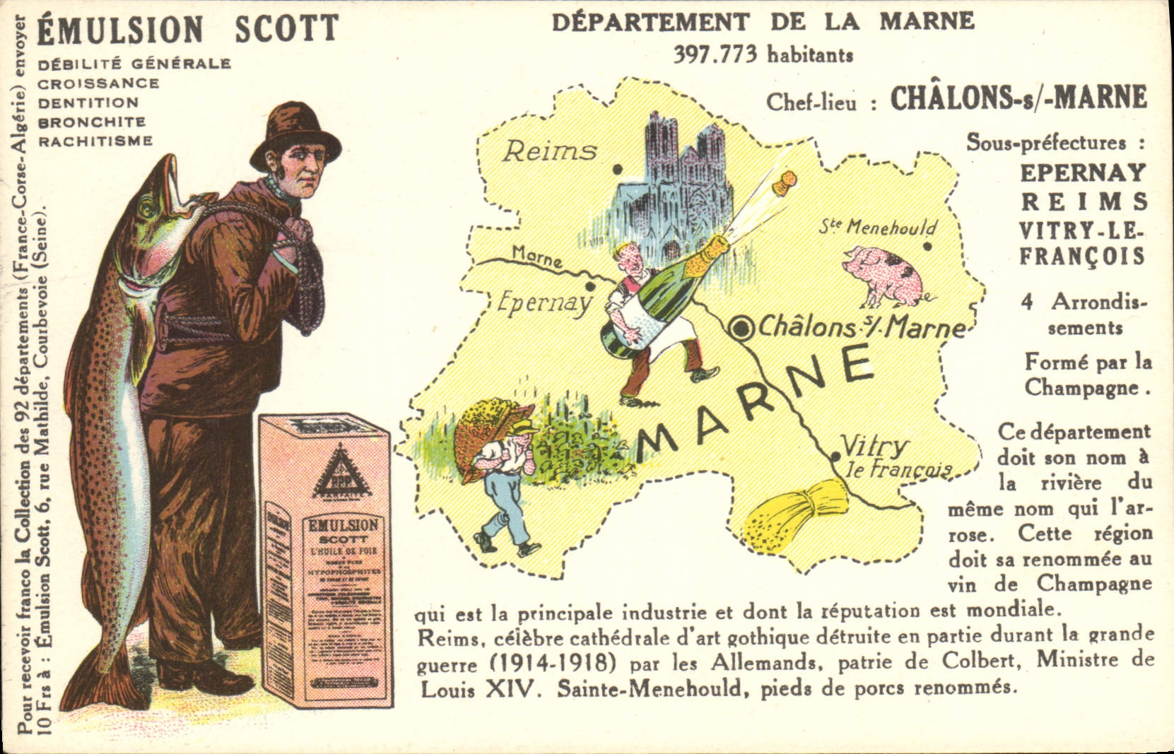 Département de la Marne — carte publicitaire pour l'Emulsion Scott — éditeur Collection Scott, n° 397.773