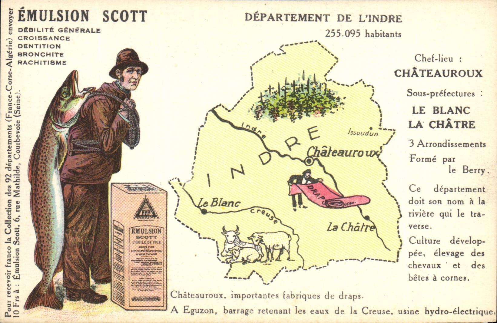 Département de l'Indre — Carte postale publicitaire pour l'émulsion Scott