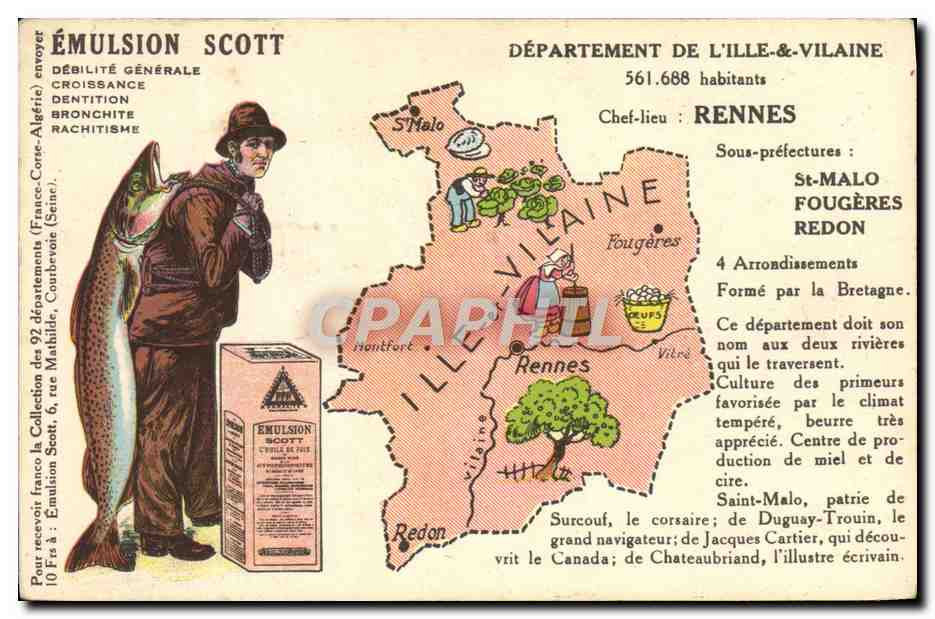 Département de l'Ille-et-Vilaine — carte publicitaire pour l'émulsion Scott — éditeur : Collection Scott