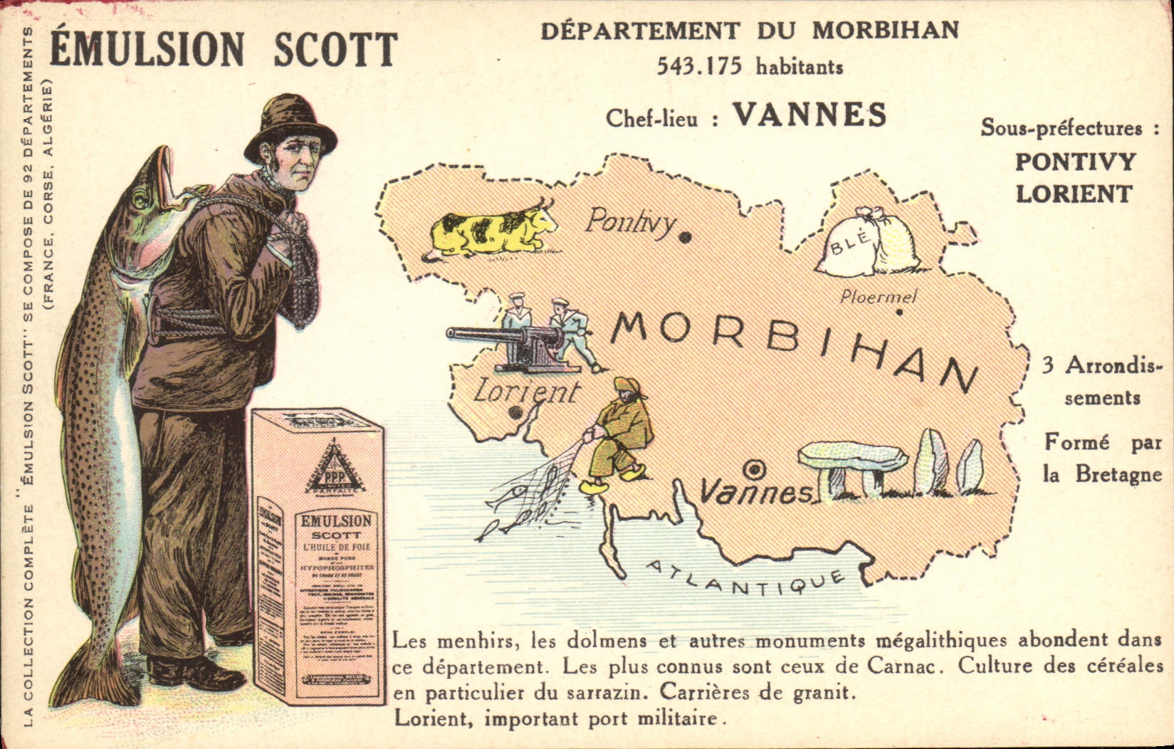 Département du Morbihan — carte géographique illustrée — Émulsion Scott