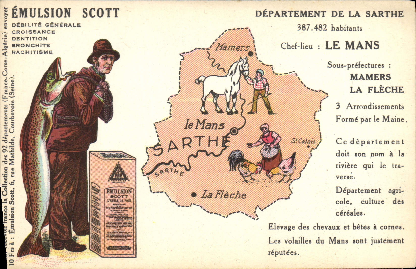 Département de la Sarthe — carte publicitaire pour l'émulsion Scott — éditeur Émulsion Scott, n° de série non visible