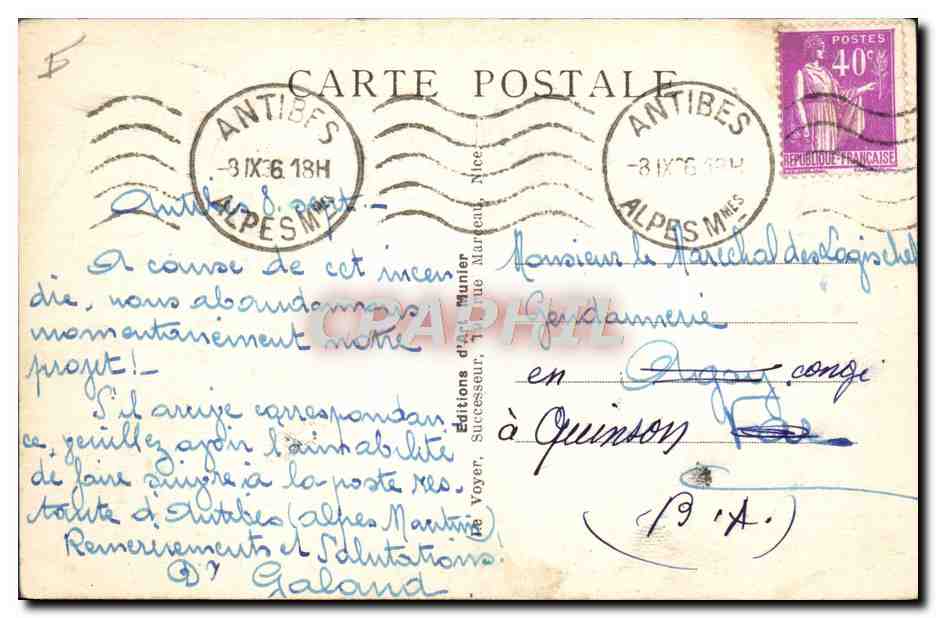 Antibes — Le port et le fort Carré — Photo Munier — Verso