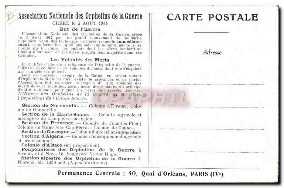 CPA Enfants Orphelinat Orphelins de guerre Le petit caporal Millivoie Stanimilovitch au milieu des petits orphelins  — Rückseite