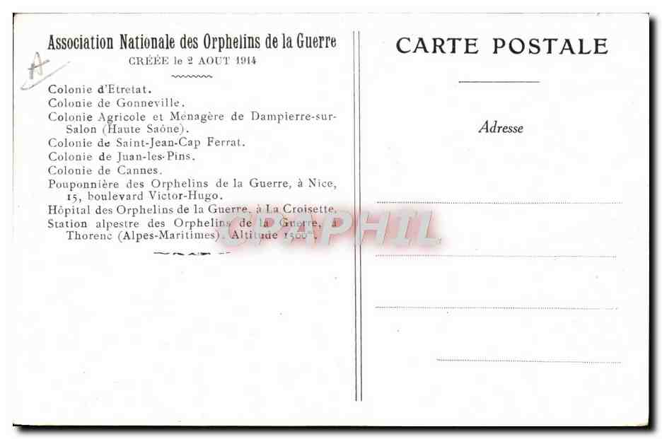 Landwirtschaftliche und Haushaltsorphanenkolonie der Kriegsorphanen in Dampierre-sur-Salon — Nationale Vereinigung der Kriegsorphanen, Paris — Rückseite