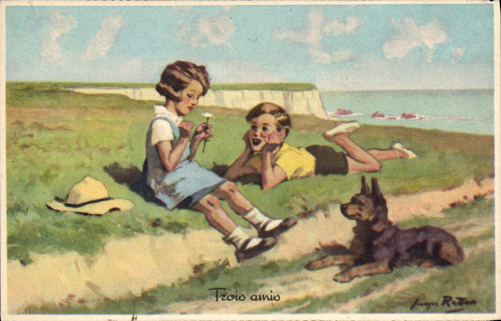 Trois amis — scène de plage avec falaises — illustrée par Jacques Ristan, série 1939