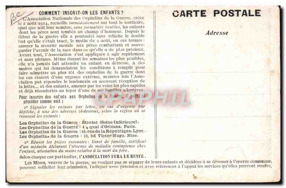 CPA Enfants Orphelinat Orphelins de guerre La Pouponniere Nice  — Rückseite