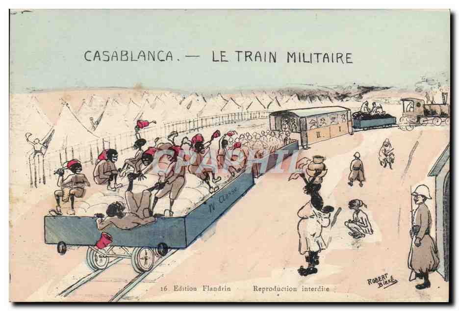 CPA Fantaisie Illustrateur Maroc Casablanca Le train militaire 