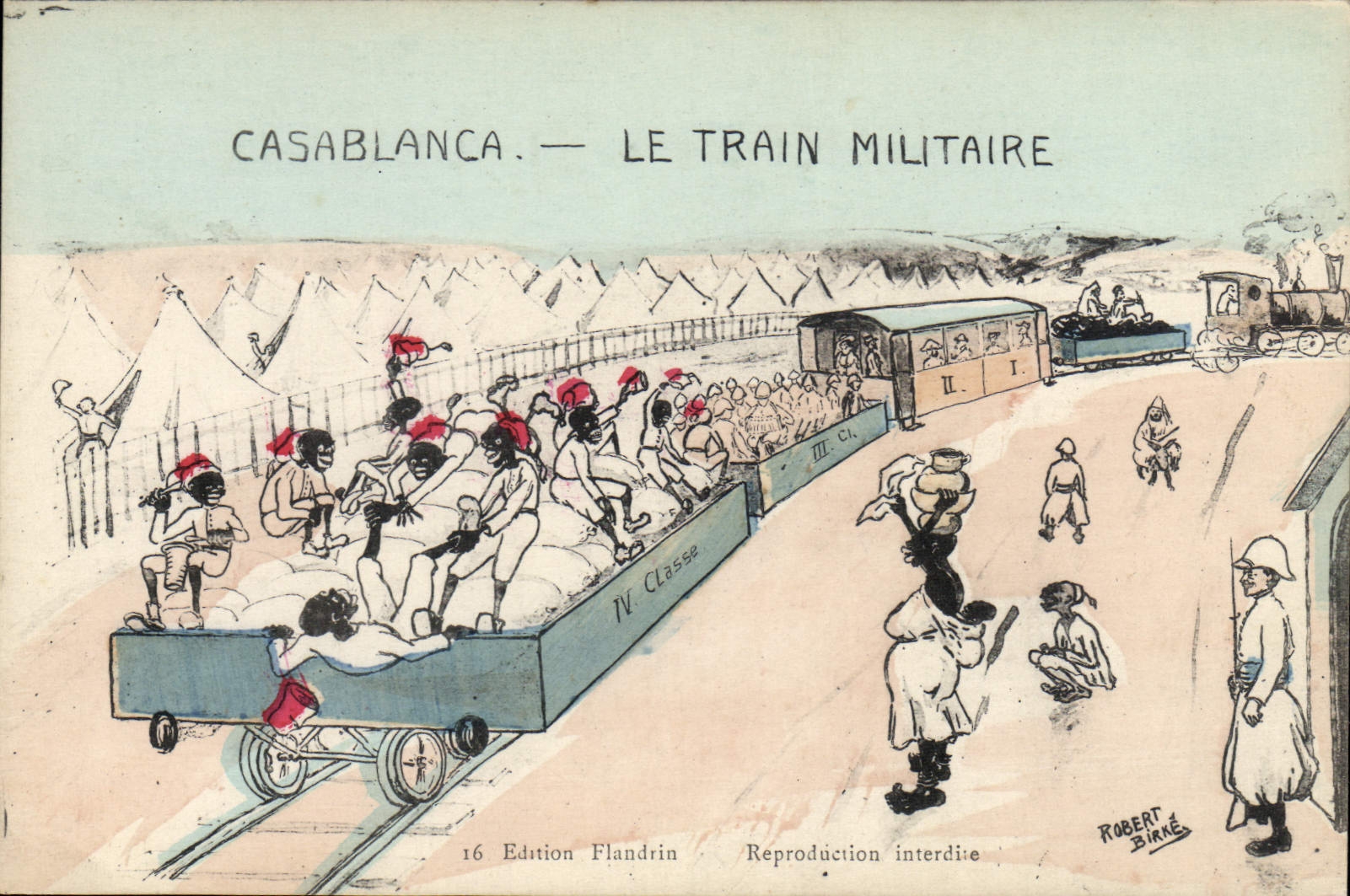 CPA Fantaisie Illustrateur Maroc Casablanca Le train militaire 
