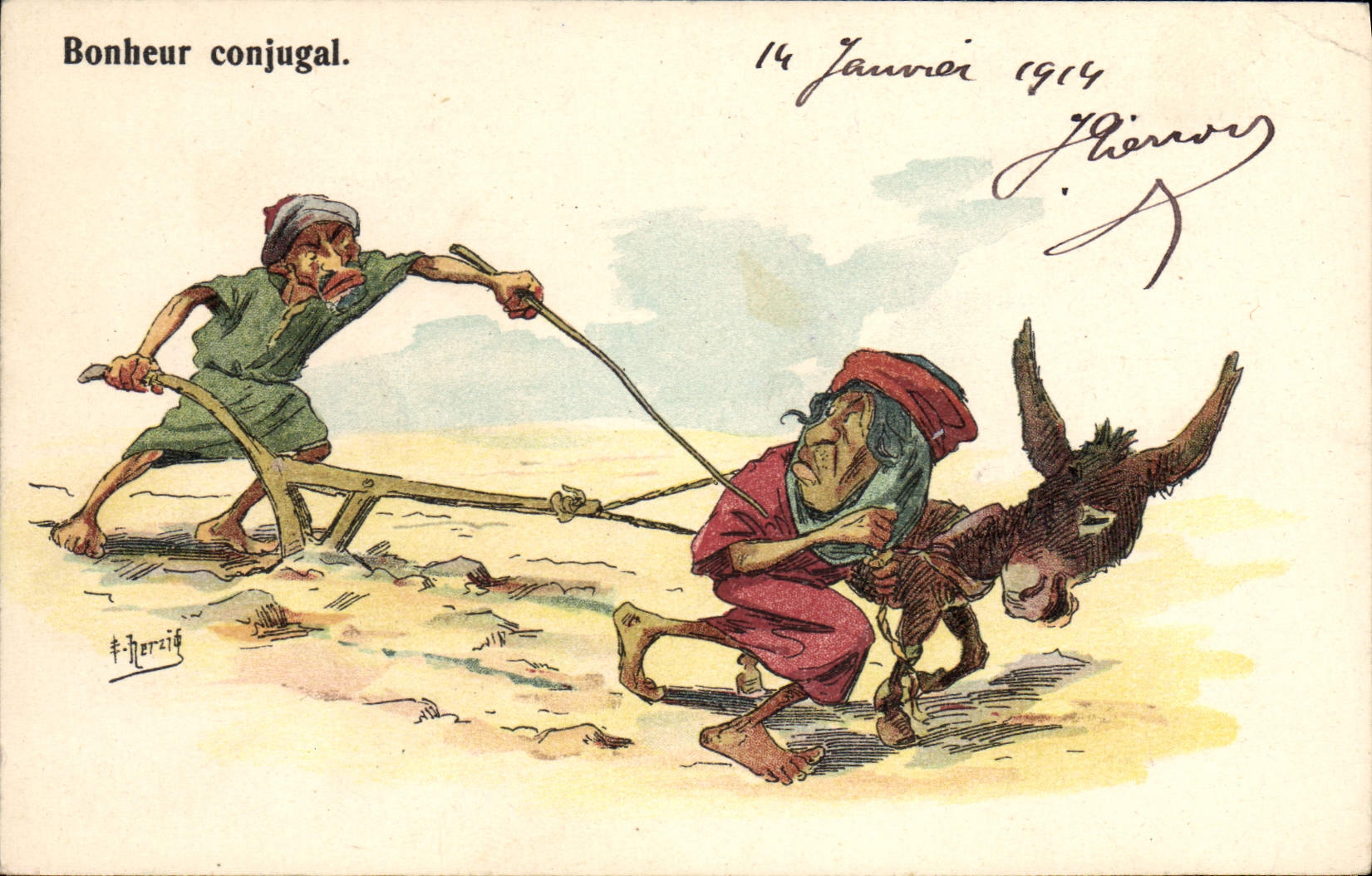 CPA Fantaisie Illustrateur Bobheur conjugal Laboureur Ane Mule 