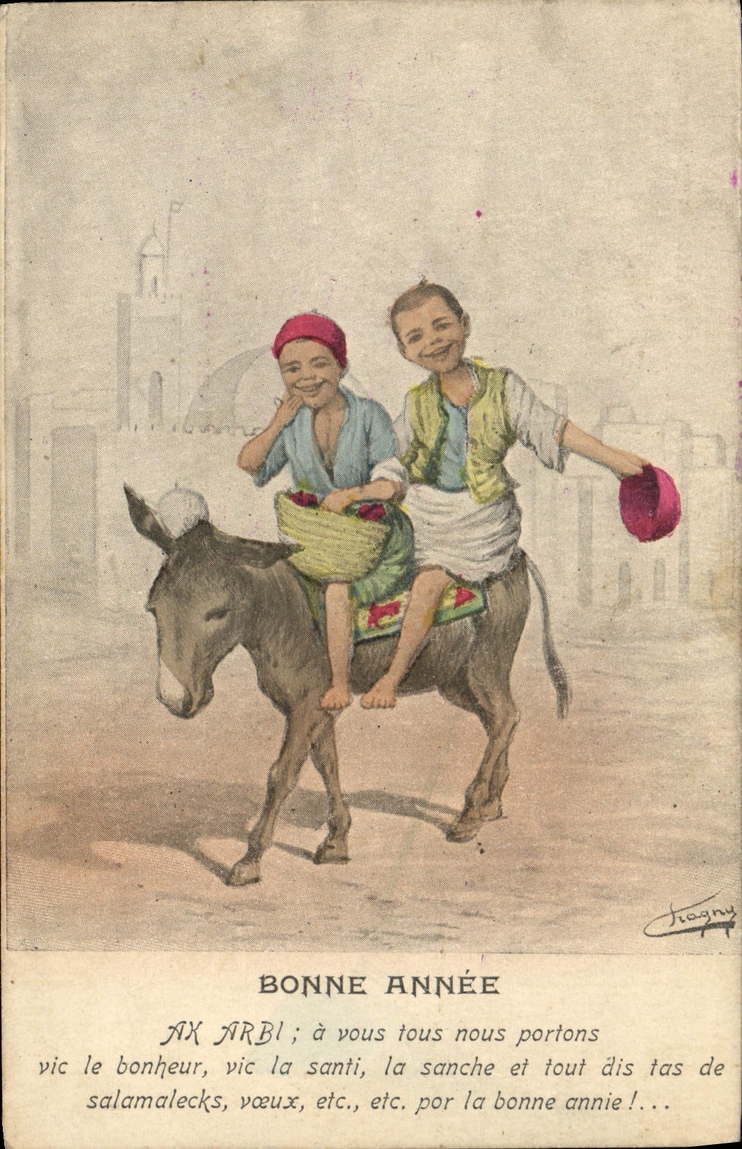 CPA Fantaisie Illustrateur Bonne annee Ane mule Enfants