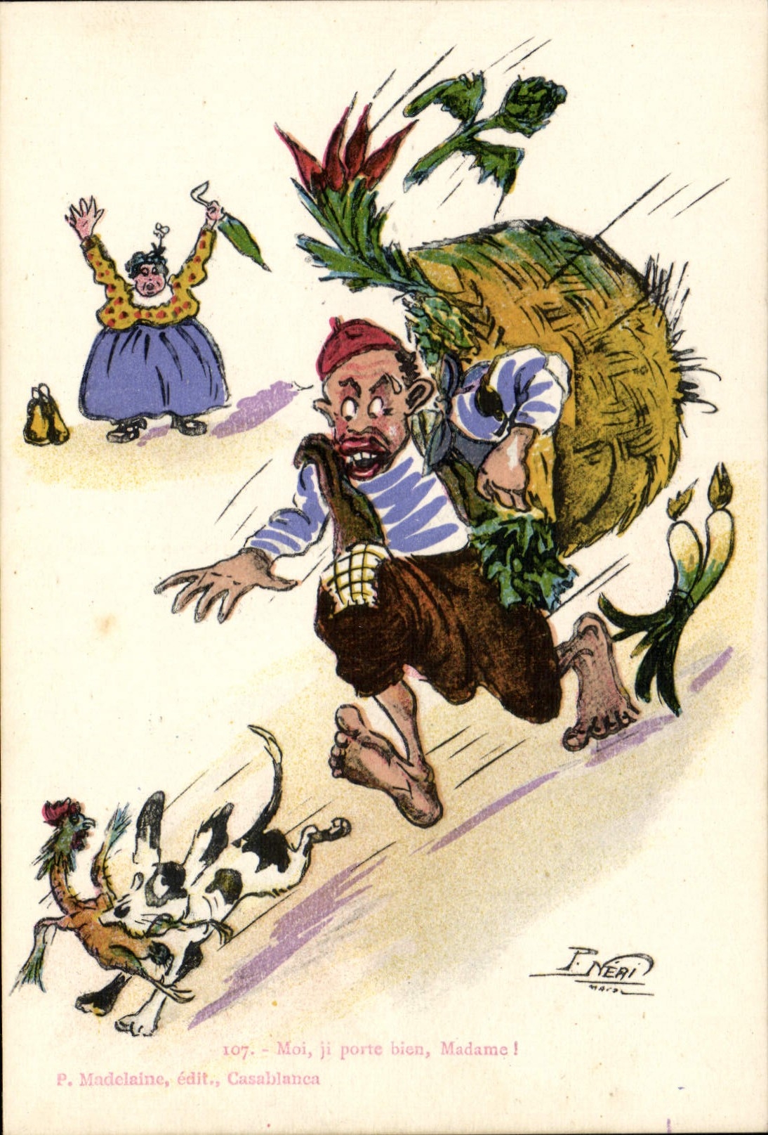 Gemüsehändler — Karikatur eines Mannes, der ein Gewicht trägt — P. Madelaine, Verlag, Casablanca, Nr. 107