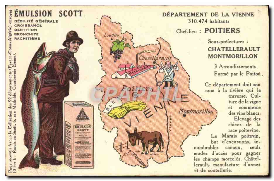 Département de la Vienne — carte publicitaire pour l'émulsion Scott — éditeur : France-Corse-Algérie