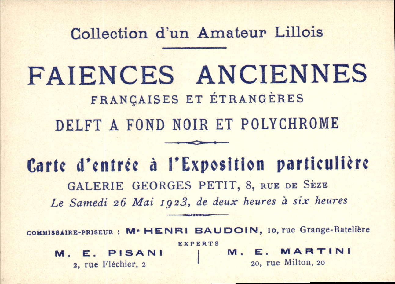 Carte de visite Potier Poterie Faiences anciennes Galerie Georges Petit Rue de Seze Paris Lille