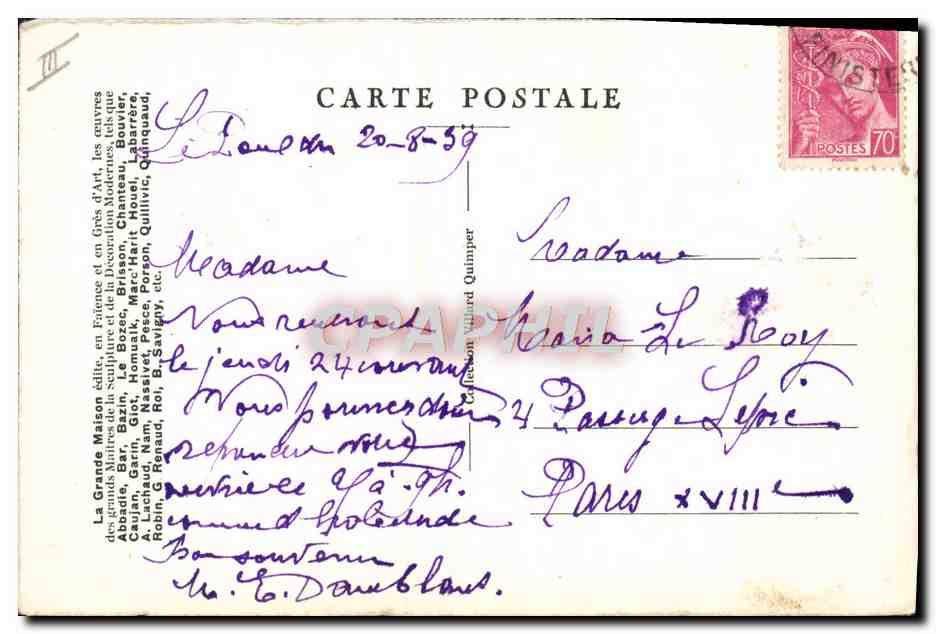 CPA Potier Poterie Faiencerie de la Grande maison HB Quimper Le tour a vache — Rückseite