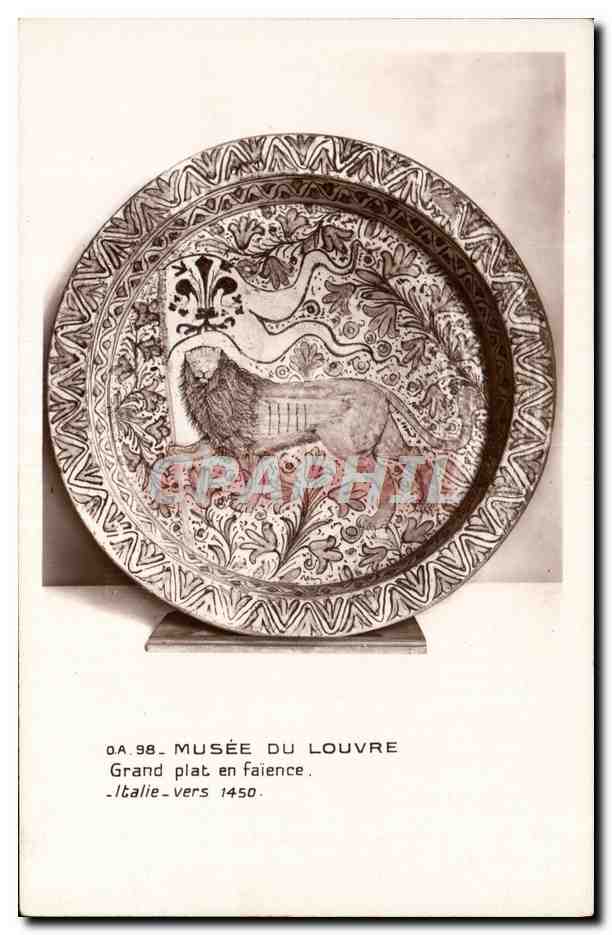 CPA Potier Poterie Paris Musee du Louvre Grand plat en faience Italie Lion