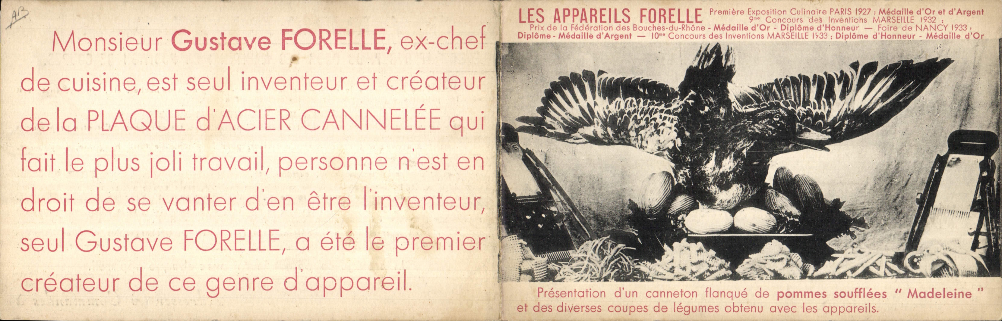 CARTE DOUBLE CPA Photographie Les appareils Forelle Marseille Canneton flanque de pommes soufflees Madeleine 
