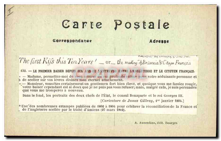 CPA Le premier baiser entre l'Angleterre et le citoyen francais — Rückseite