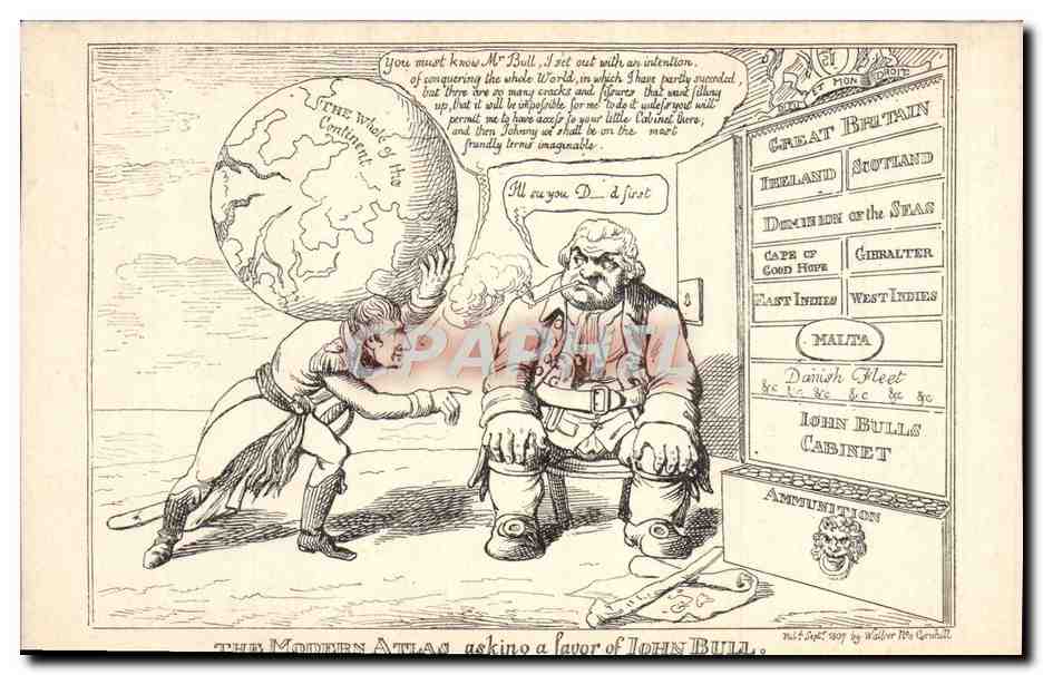 CPA Napoleon 1er The modern atlas asking a favor of John Bull