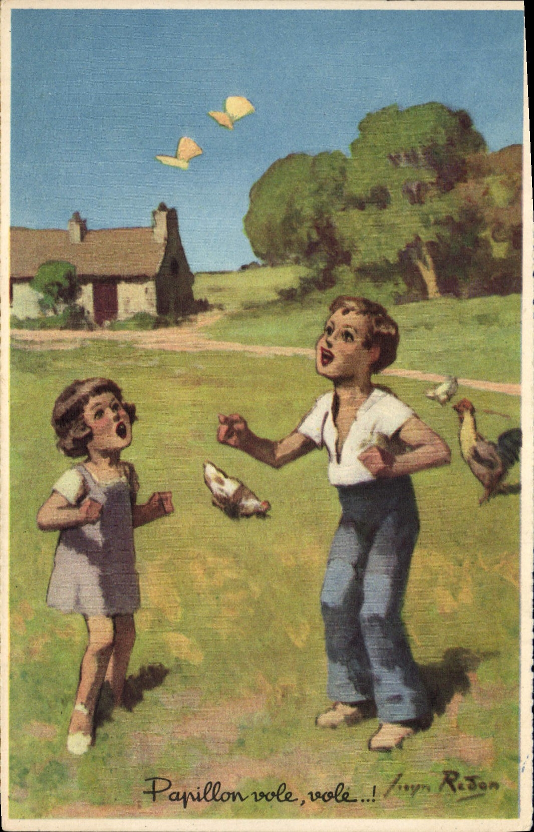 CPA Enfants Papillon Vole vole Coq Poule