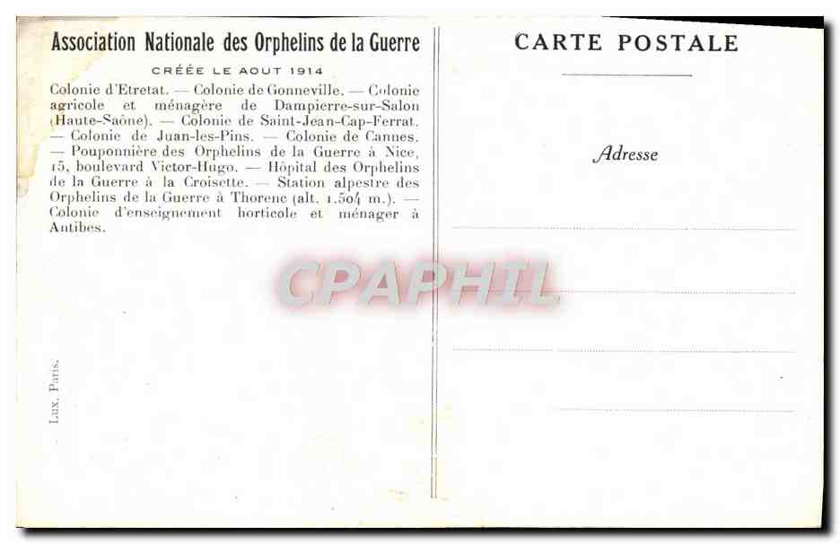 CPA Enfants Colonie d'Etretat Pouponniere des Orphelins de la guerre a Nice  — Rückseite