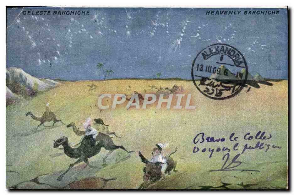 CPA Fantaisie Illustrateur Afrique du Nord Celeste Bakchiche Chameau Pyramide Pyramid Egypt Egypte