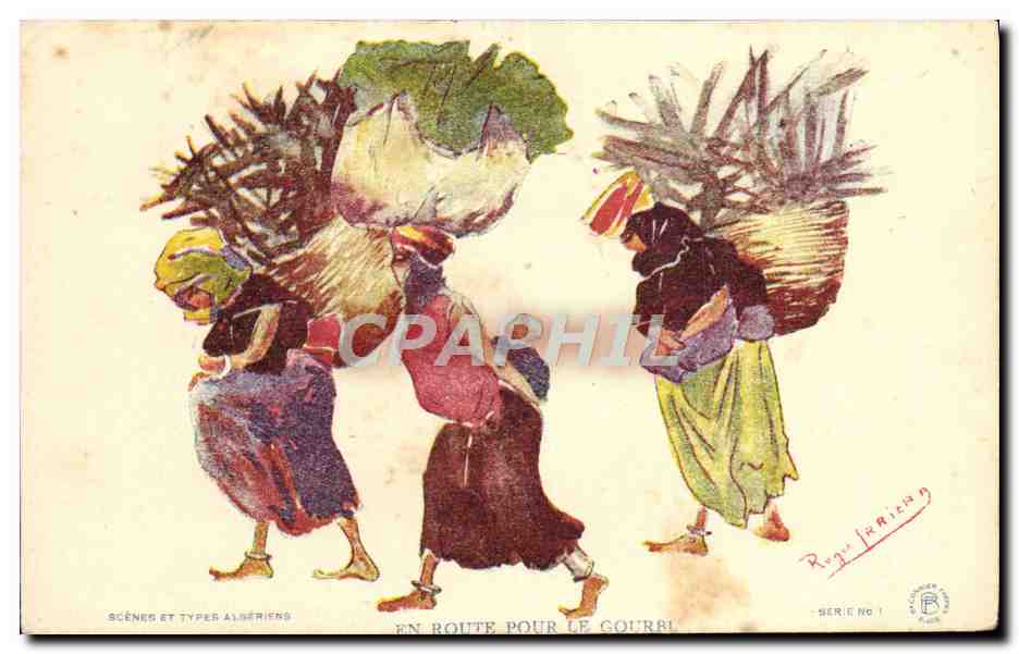 CPA Fantaisie Illustrateur Afrique du Nord Algerie En route pour le Gourbi Femmes