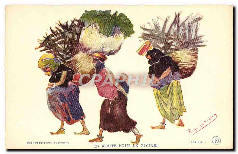 CPA Fantaisie Illustrateur Afrique du Nord Algerie En route pour le Gourbi Femmes