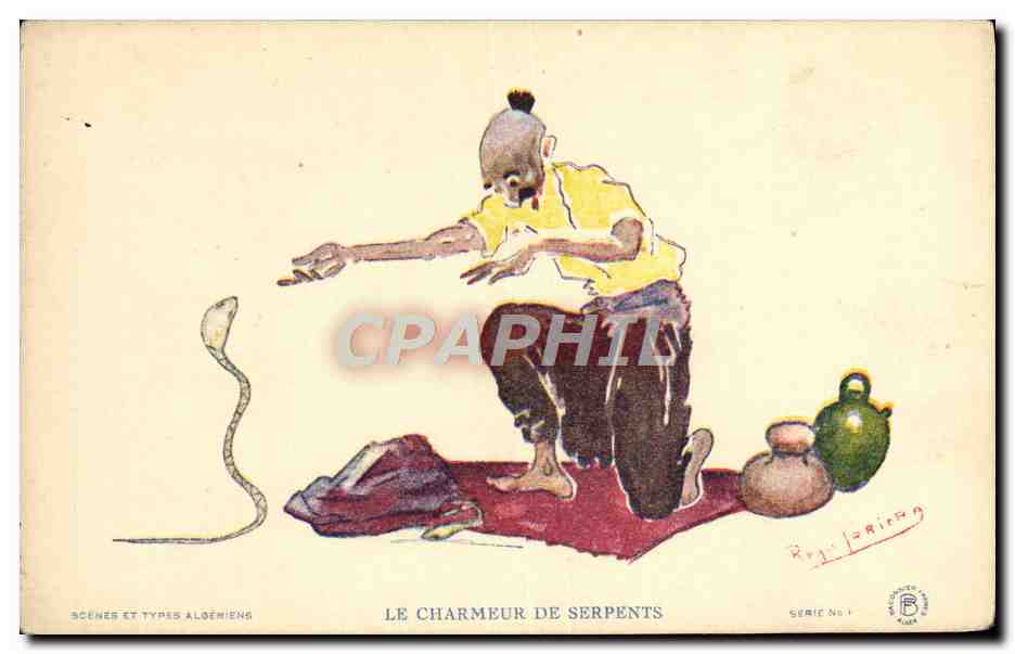 CPA Fantaisie Illustrateur Afrique du Nord Algerie Le charmeur de serpents Serpent