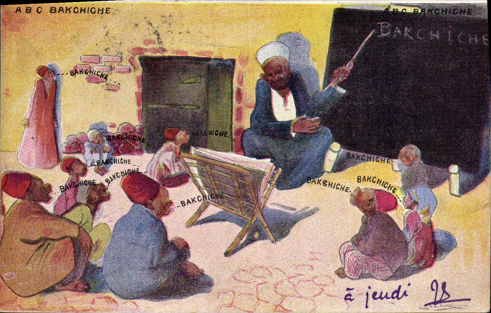 CPA Fantaisie Illustrateur Afrique du Nord ABC Bakchiche Egypte Egypt Enfants
