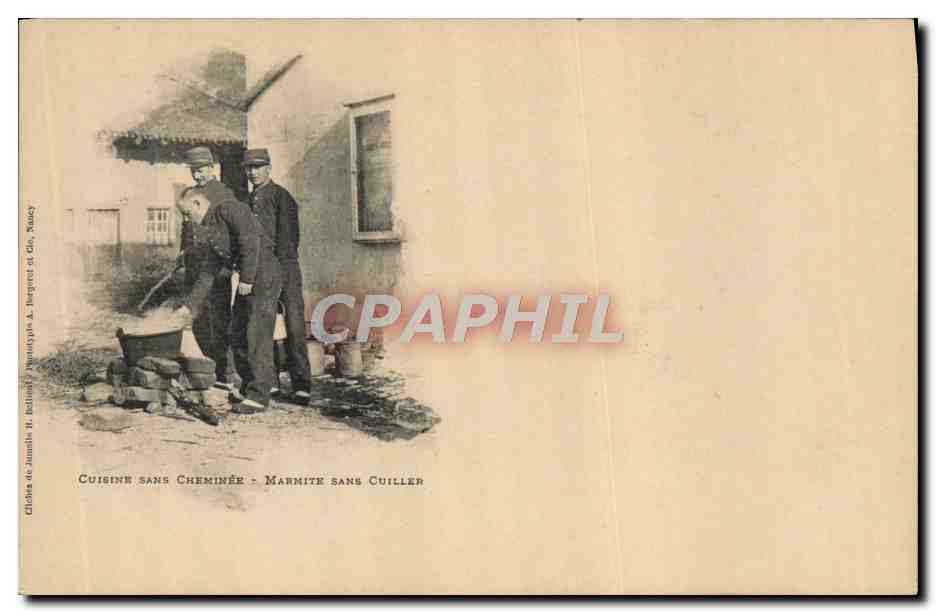 CPA Militaria Cuisine sans cheminee Marmite sans cuiller 