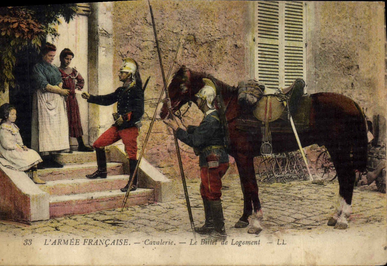 CPA Militaria L'armee francaise Cavalerie Le billet de logement Cheval