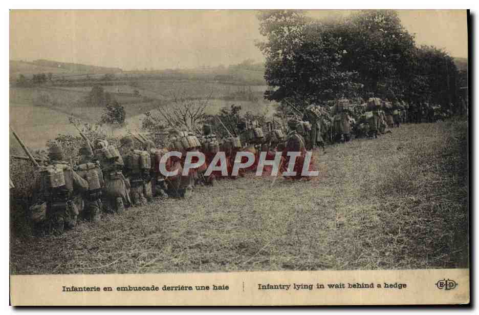 CPA Militaria Infanterie en embuscade derriere une haie 