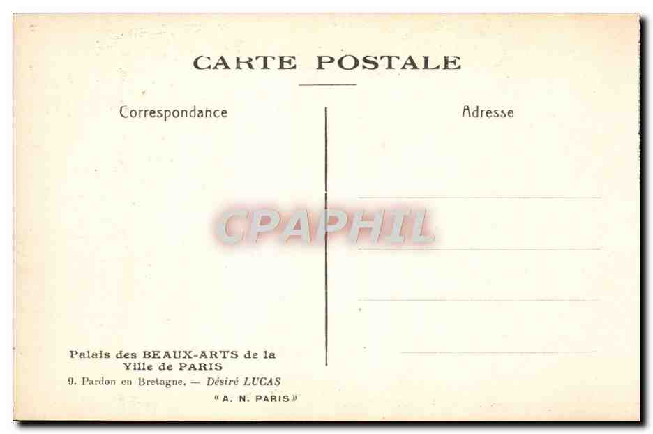 CPA Palais des Beaux Arts de la Ville de Paris Pardon en Bretagne Desire Lucas — Verso