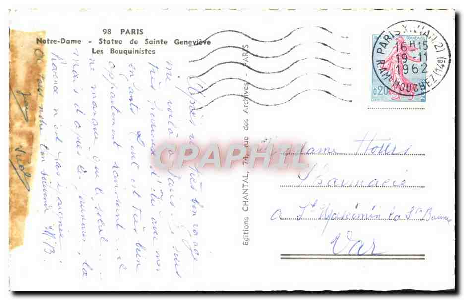 CPM Paris Notre Dame Statue de Saint Geneviere Les bouquinistes  — Verso