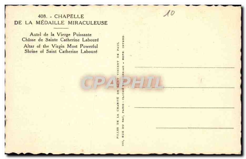 CPA Paris Chapelle de la medaille miraculeuse Autel de la vierge puissante Chasse de Sainte Catherine Laboure  — Rückseite