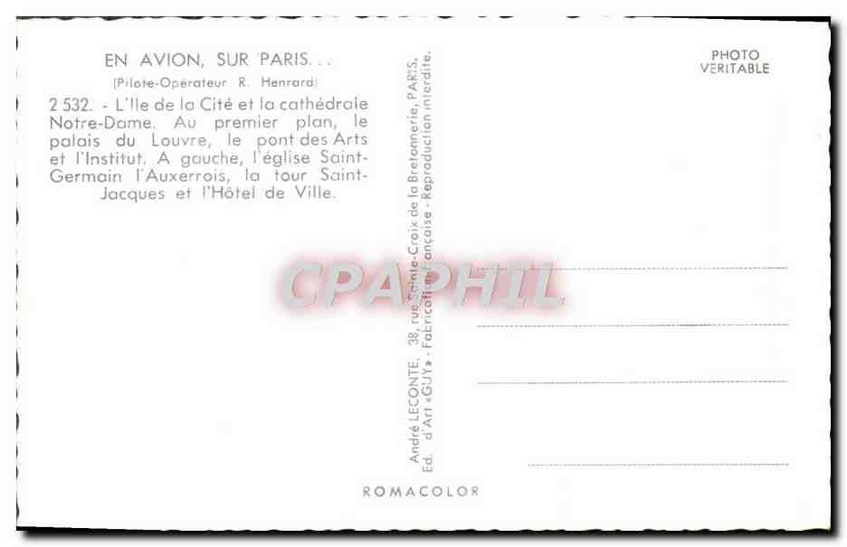 CPM En Avion Sur Paris L'Ile de la Cite et la Cathedrale Palais du Louvre Le Pont des Arts et l'Institut  — Rückseite