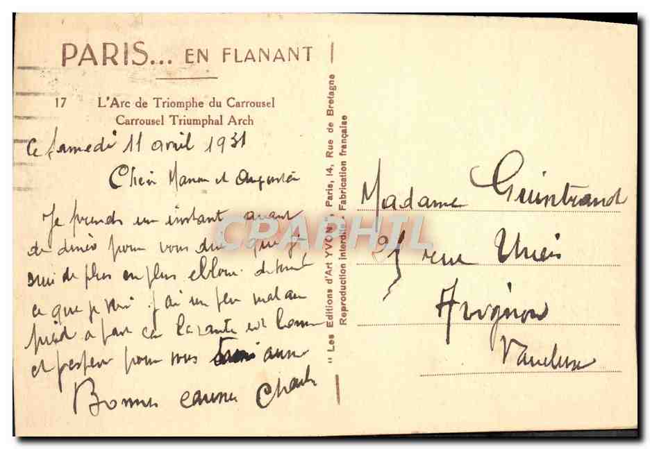 CPA Paris L'Arc De Triomphe Du Carrousel — Rückseite