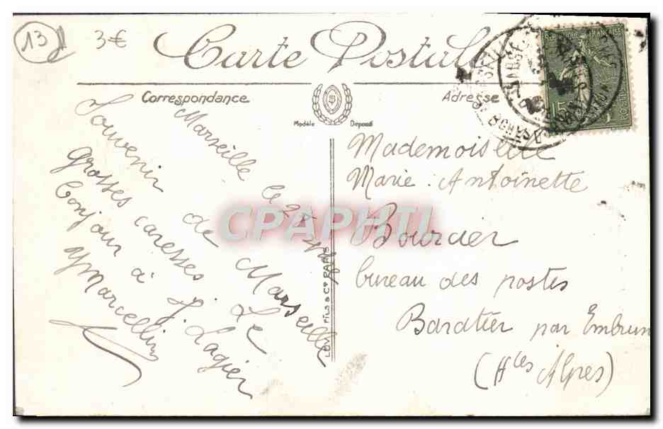 CPA Marseille Le Boulevard Baille et fontaine Cantini — Rückseite