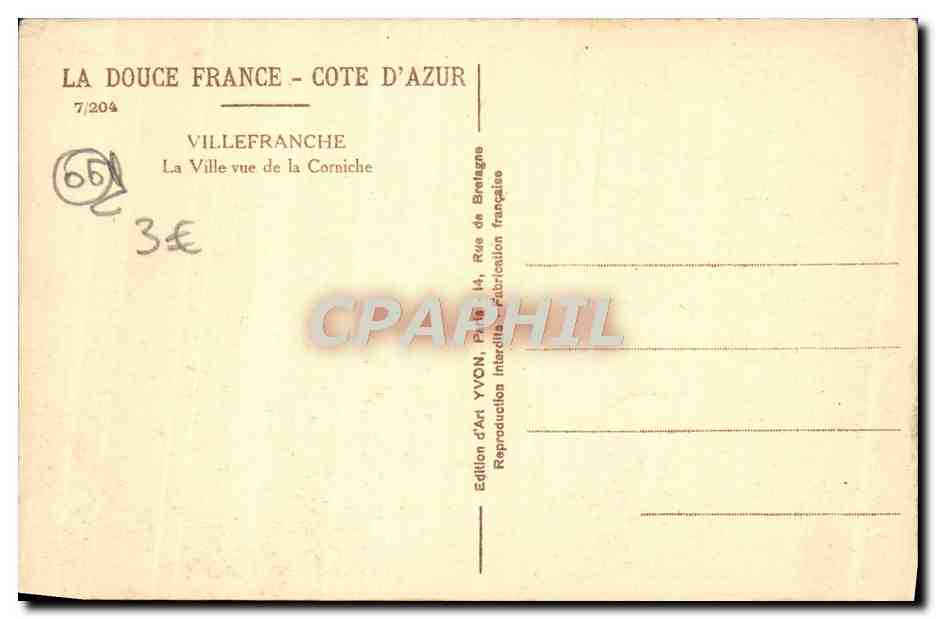 Villefranche-sur-Mer — vue de la Corniche — Édition d'Art Yvon — Verso