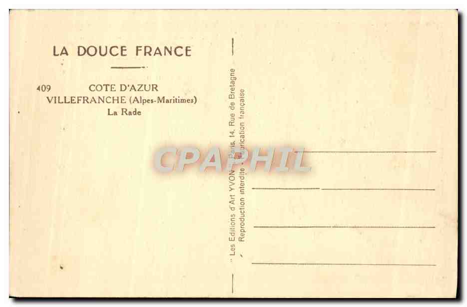 Villefranche-sur-Mer — La Rade — Les Éditions d'Art Yvonne, Paris — Verso
