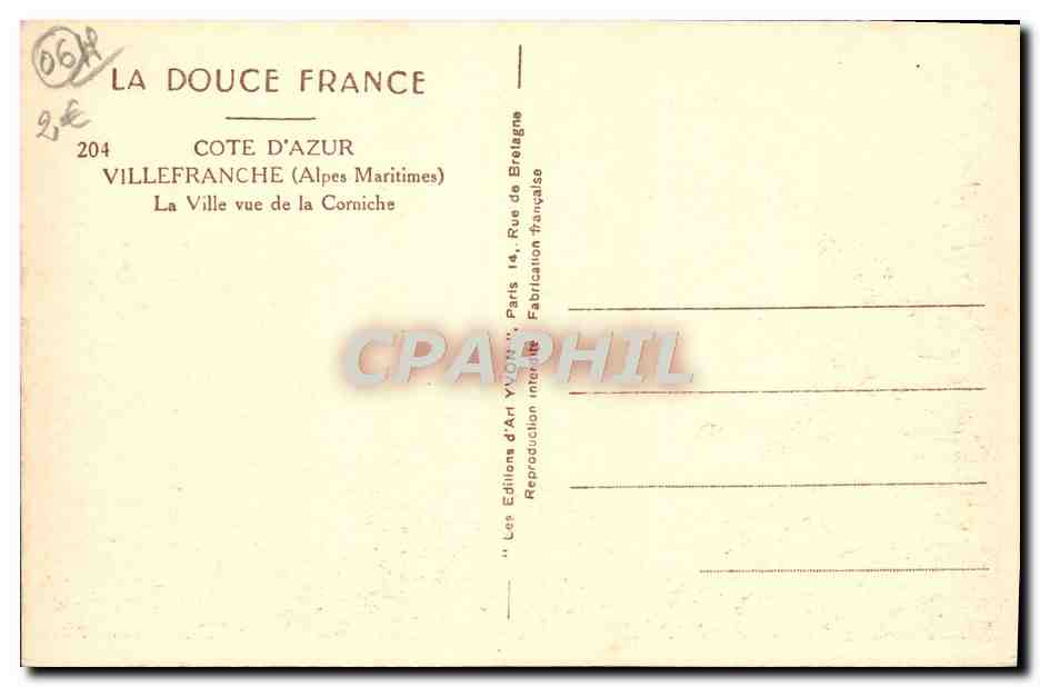 Villefranche-sur-Mer — vue de la Corniche — Éditions d'Art Yvon, n°204 — Verso