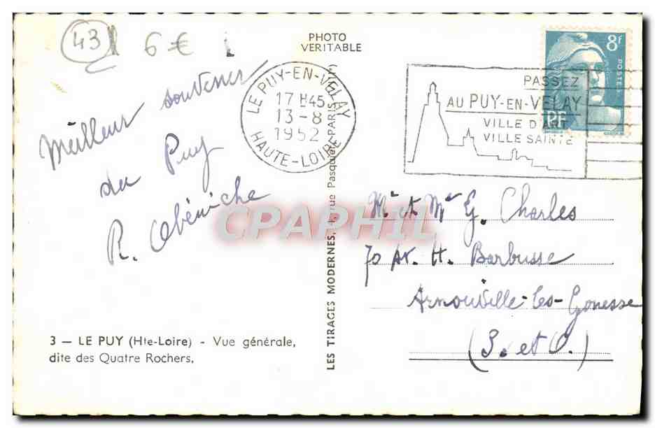 CPA Le Puy Vue Generale dite des Quatre Rochers — Rückseite