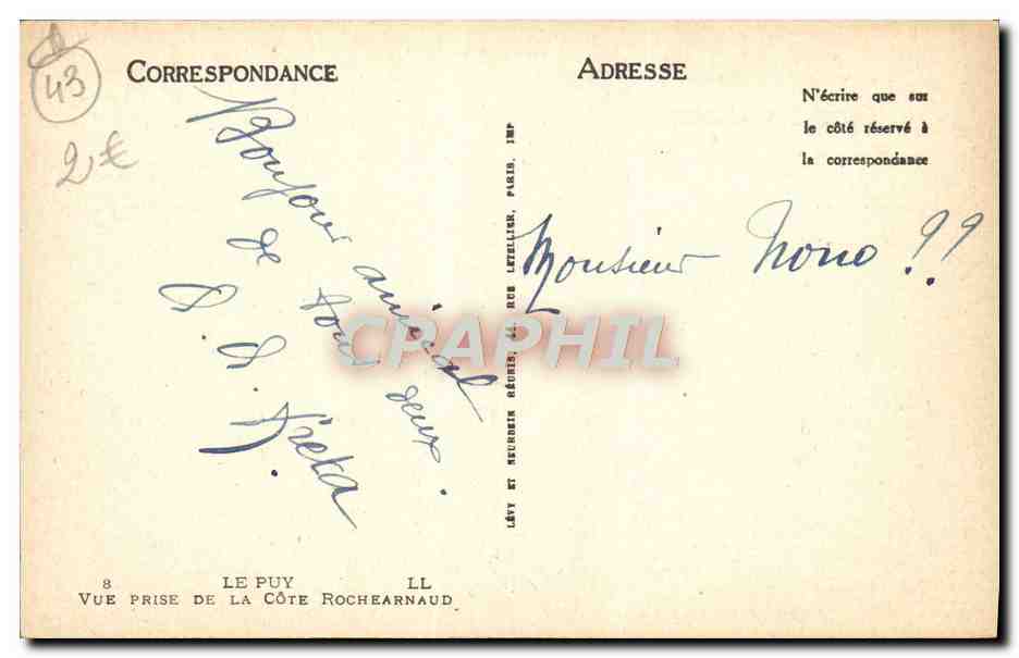 Le Puy — Vue prise de la Côte Rocheardaud — Lévy et Recourier Gérard, impr. Paris — Reverso