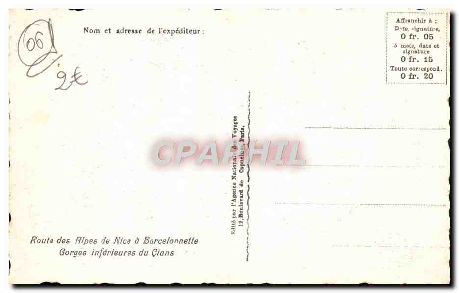 CPA Nice Route des Alpes de Nice a Barcelonnette Gorges inferieures du Cians — Verso