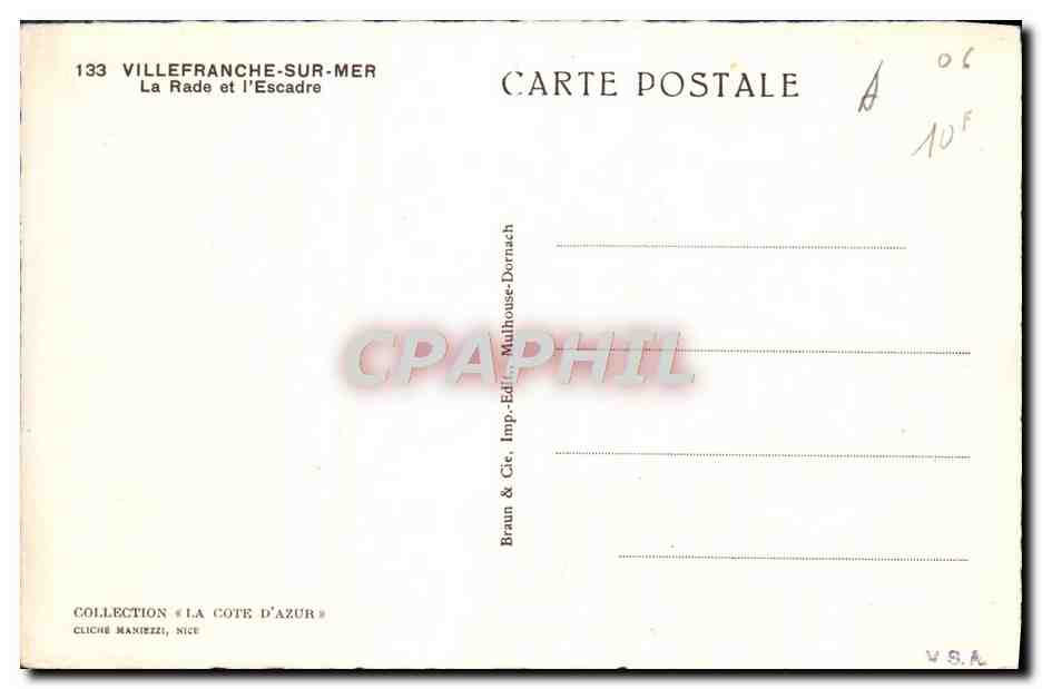 CPA Villefranche Sur Mer La Rade et L'Escadre Bateaux — Verso