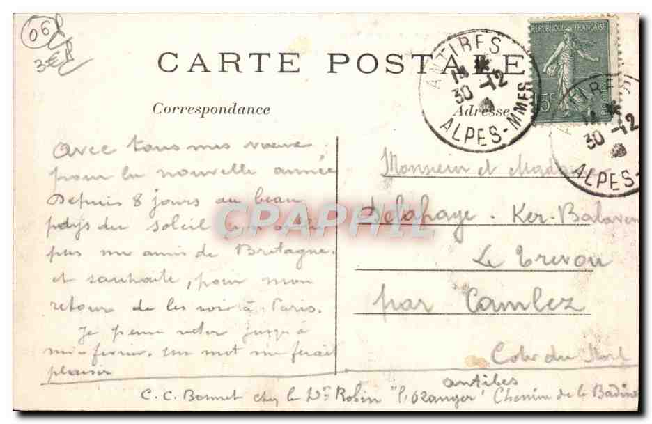 Villefranche-sur-Mer — Vue à travers les oliviers — Éditeur : 1957 — Verso