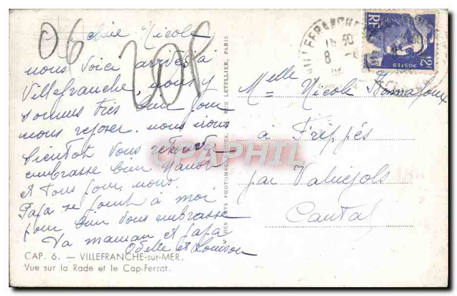Villefranche-sur-Mer — Vue sur la Rade et le Cap-Ferrat — CAP. 6 — Éditeur Paris Letteller — Verso