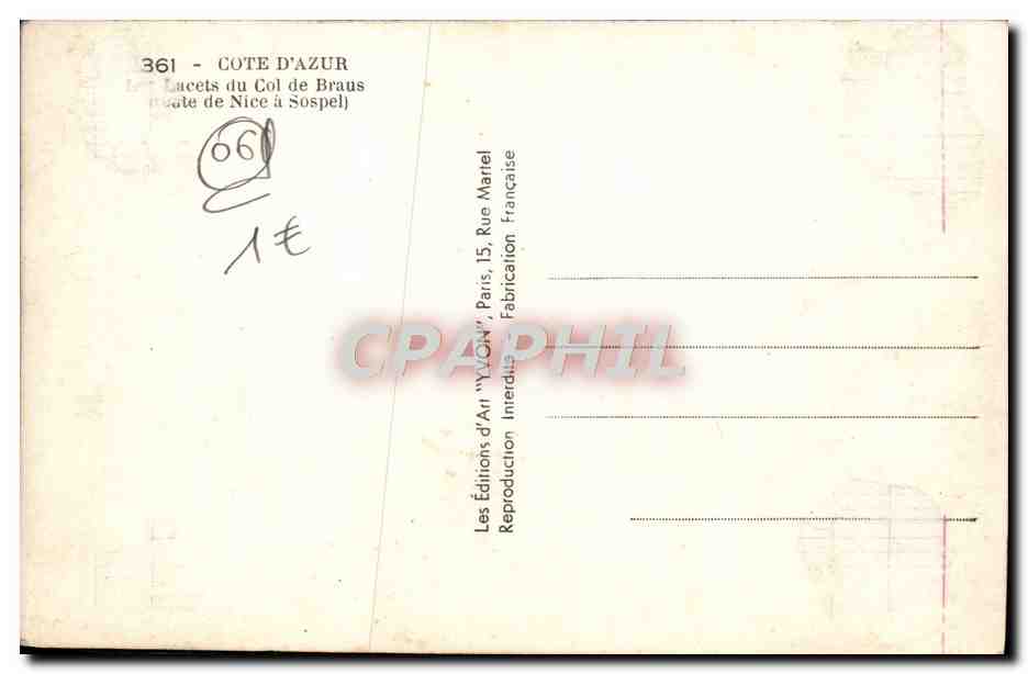 CPA Cote d'Azur Les lacets du col de Braus Route de Nice a Sospel — Verso