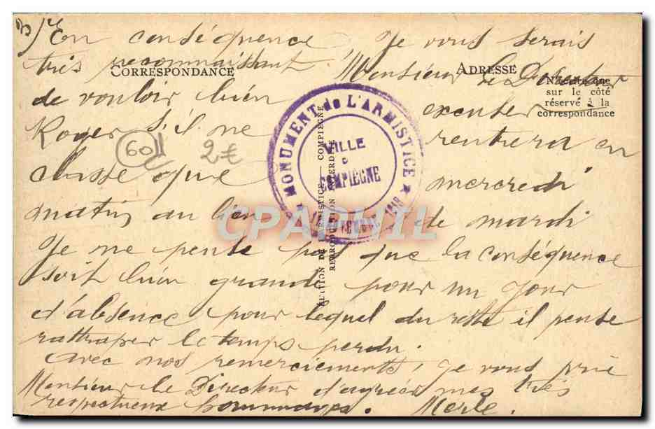 CPA Compiegne Foret Clairiere de l'armistice Wagon Militaria — Rückseite