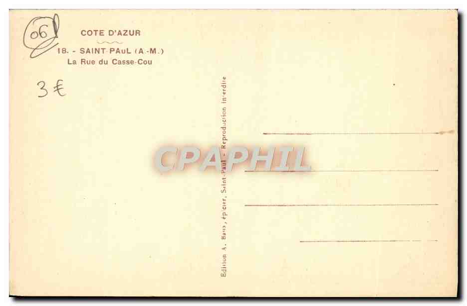 CPA Saint Paul La Rue du Casse Cou — Rückseite